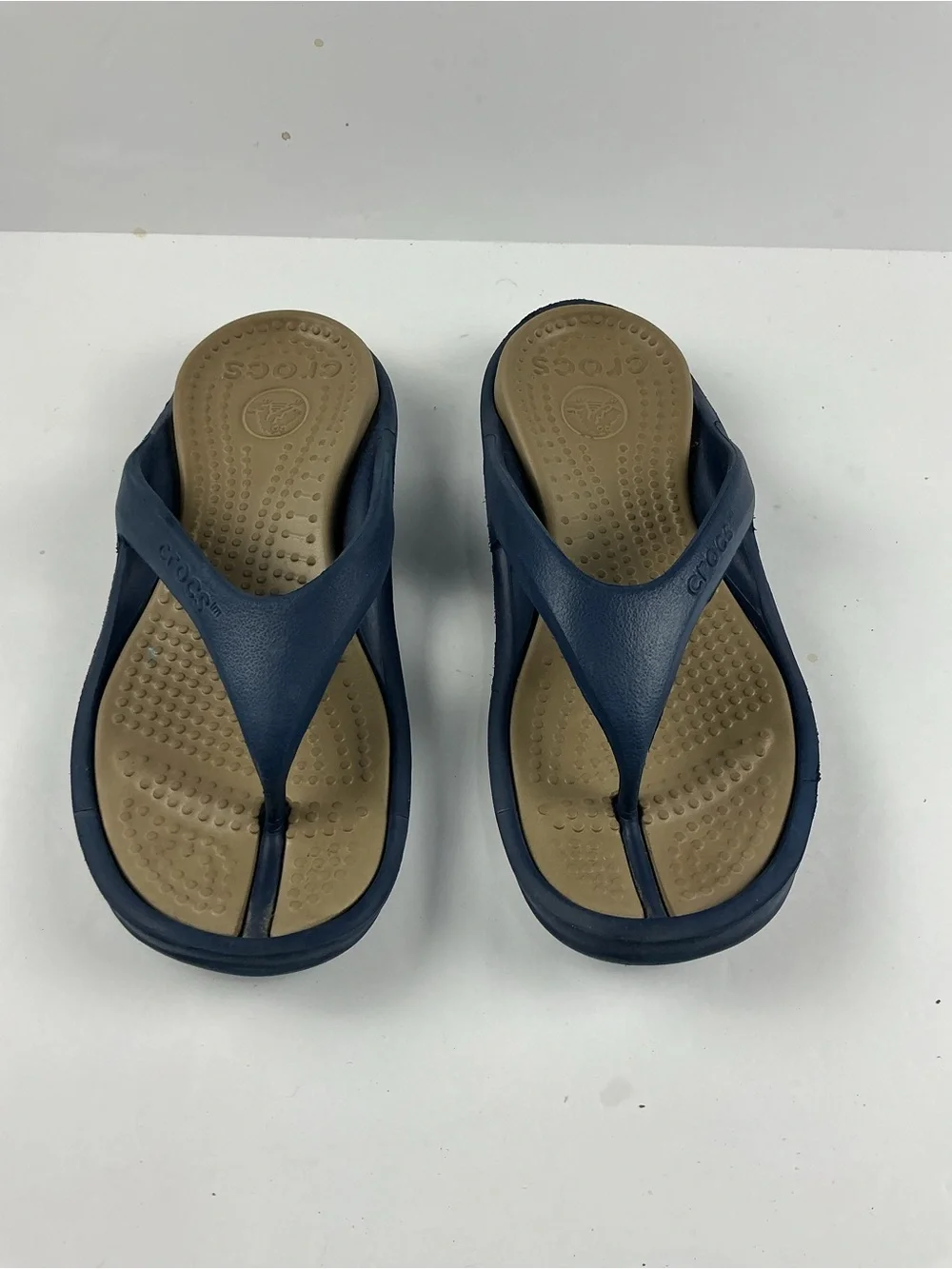 Unisex CROCS Navy and Tan Foam Flip Flops